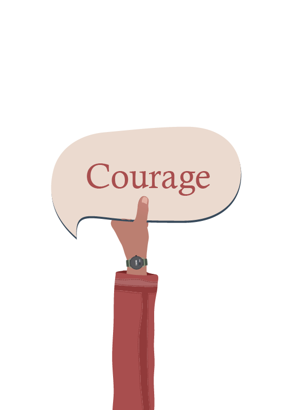 Hand holding a speech bubble with the word Courage in it