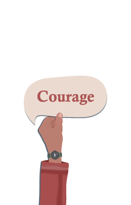 Hand holding a speech bubble with the word Courage in it